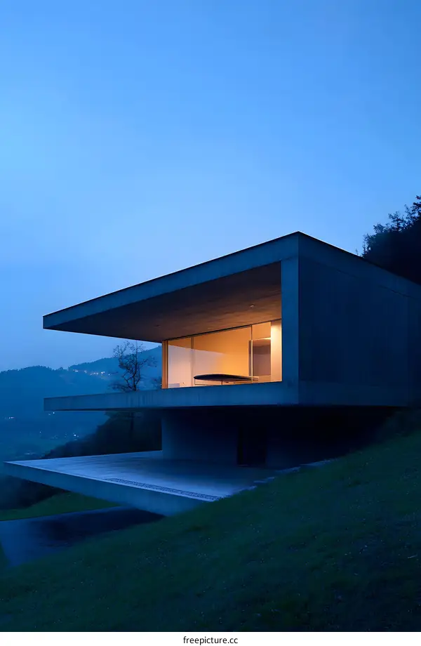 Modern Concrete House on Hillside with Evening Sky