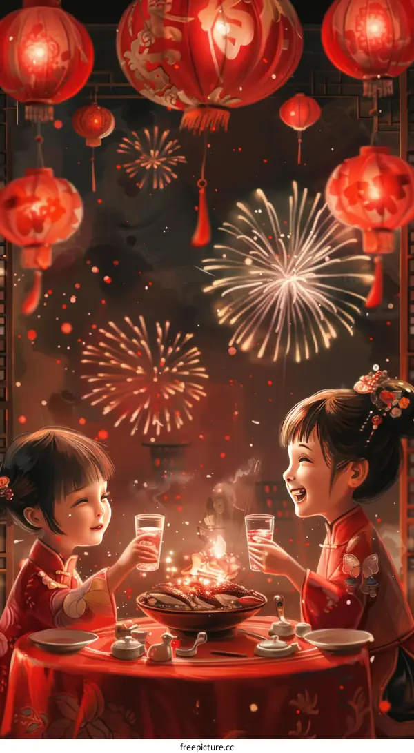 Two young Chinese girls in traditional Chinese clothing celebrating the Chinese New Year