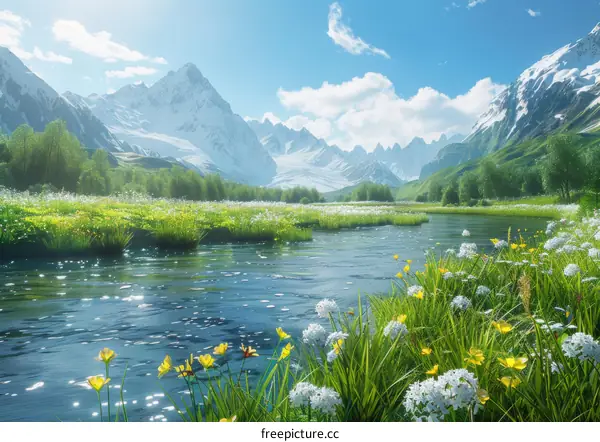 Alpine meadow with river and snow capped peaks