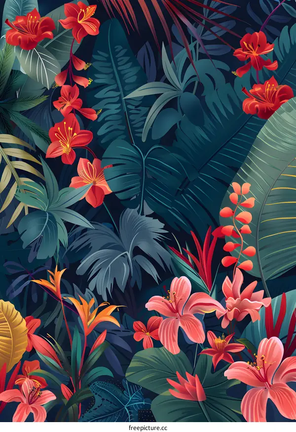 Tropical Floral Pattern with Dark Green Leaves