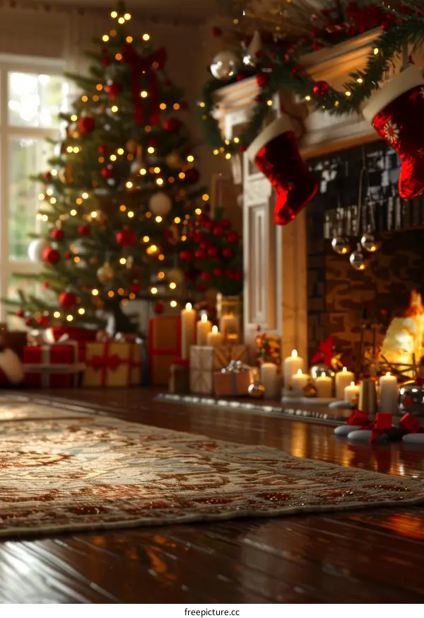 Christmas Tree Decorated with Lights and Ornaments by a Cozy Fireplace