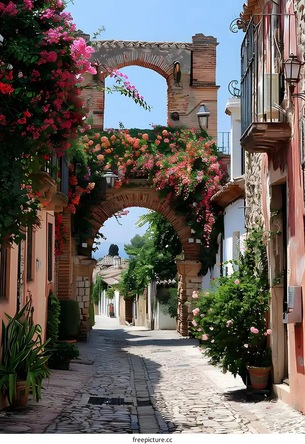 A beautiful street with a stone archway and colorful flowers