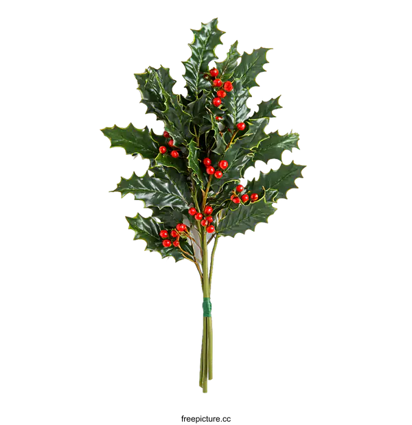 [Transparent Background PNG]Green Holly Sprig with Red Berries on White Background