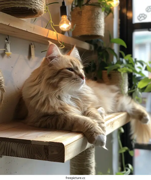 Cozy Cat Nap on Wooden Shelf with Plants