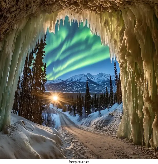 Aurora Borealis View From Inside Ice Cave