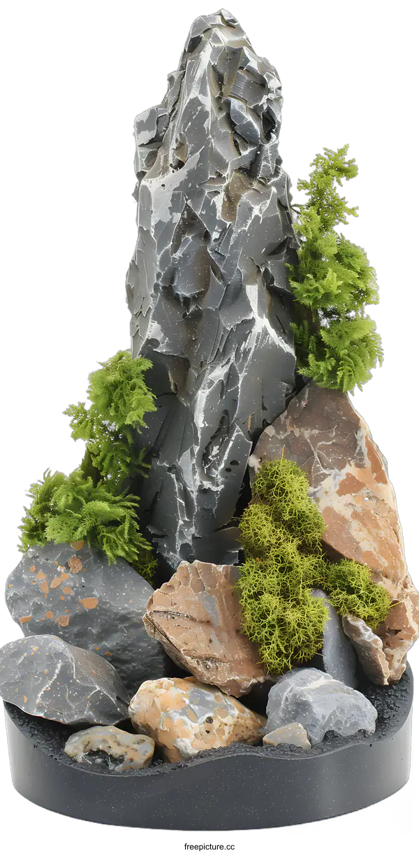 [Transparent Background PNG]Grey Rock Formation with Green Foliage
