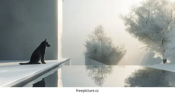 Black Dog Sitting by Infinity Pool Overlooking Winter Landscape
