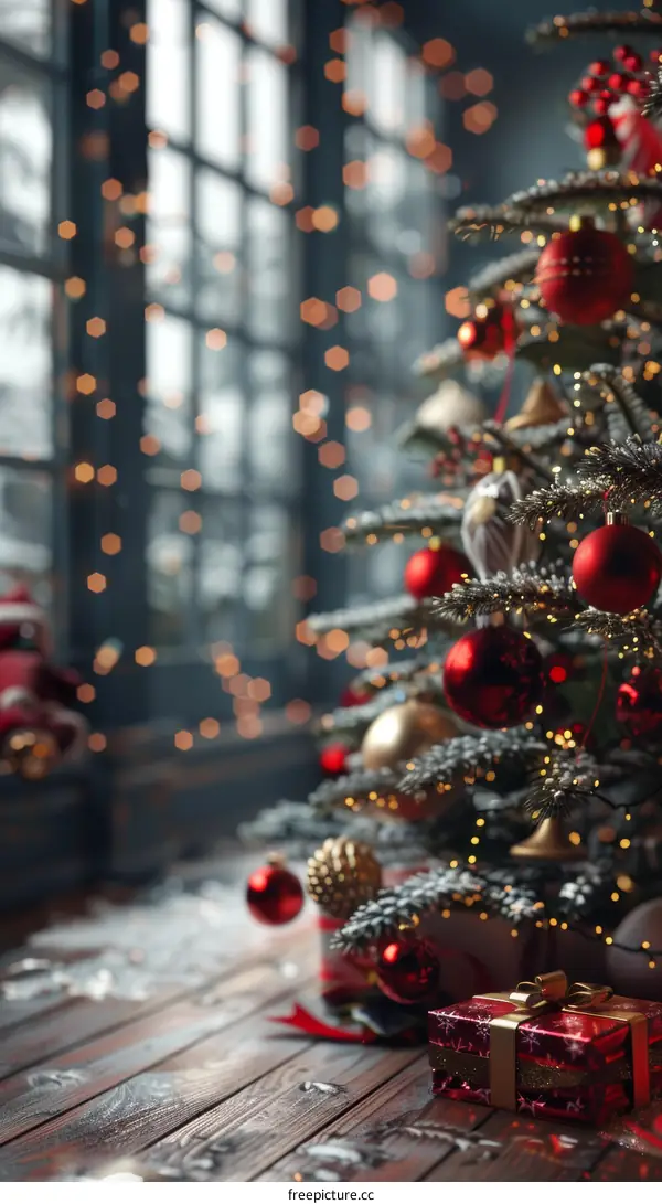 Christmas Tree with Red and Gold Ornaments Lights Gifts