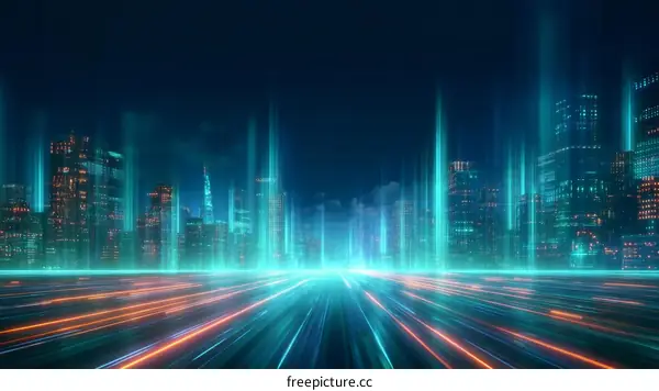 Futuristic Cityscape at Night with Digital Trails