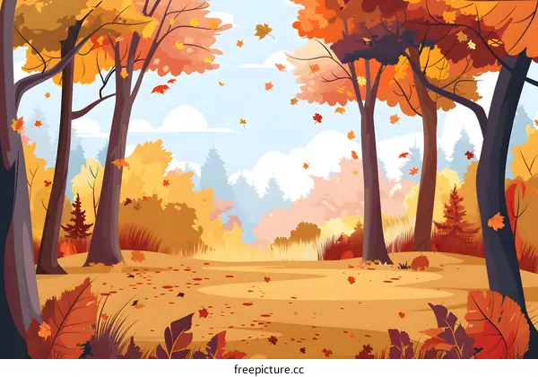 Autumn Forest Landscape With Falling Leaves