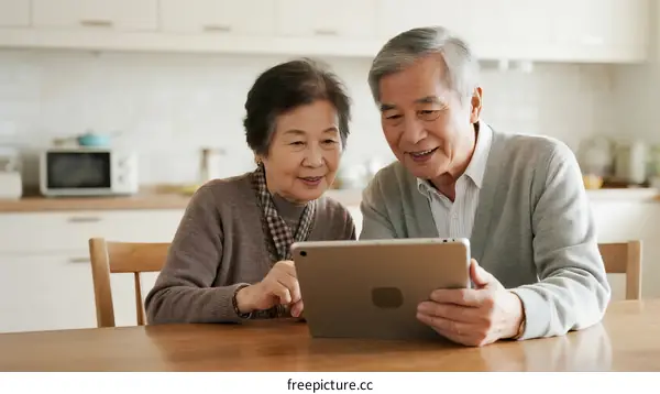 Elderly Asian couple using tablet in kitchen