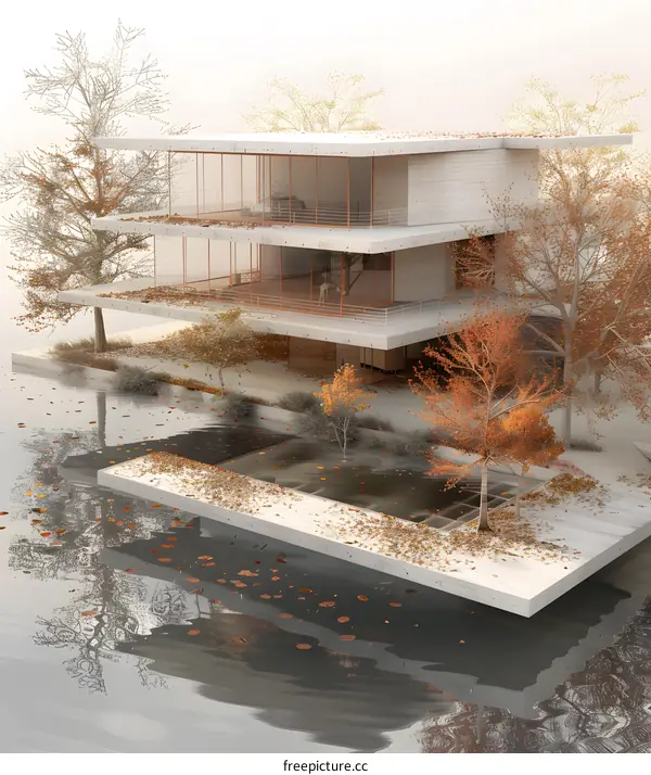 A modern lakeside house with autumn trees