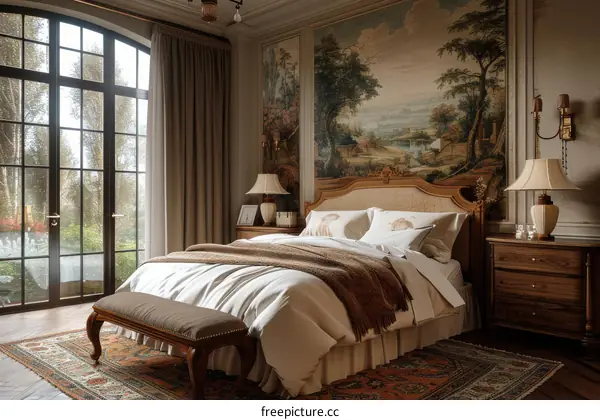 Elegant Antique Bedroom with Scenic Wall Decor