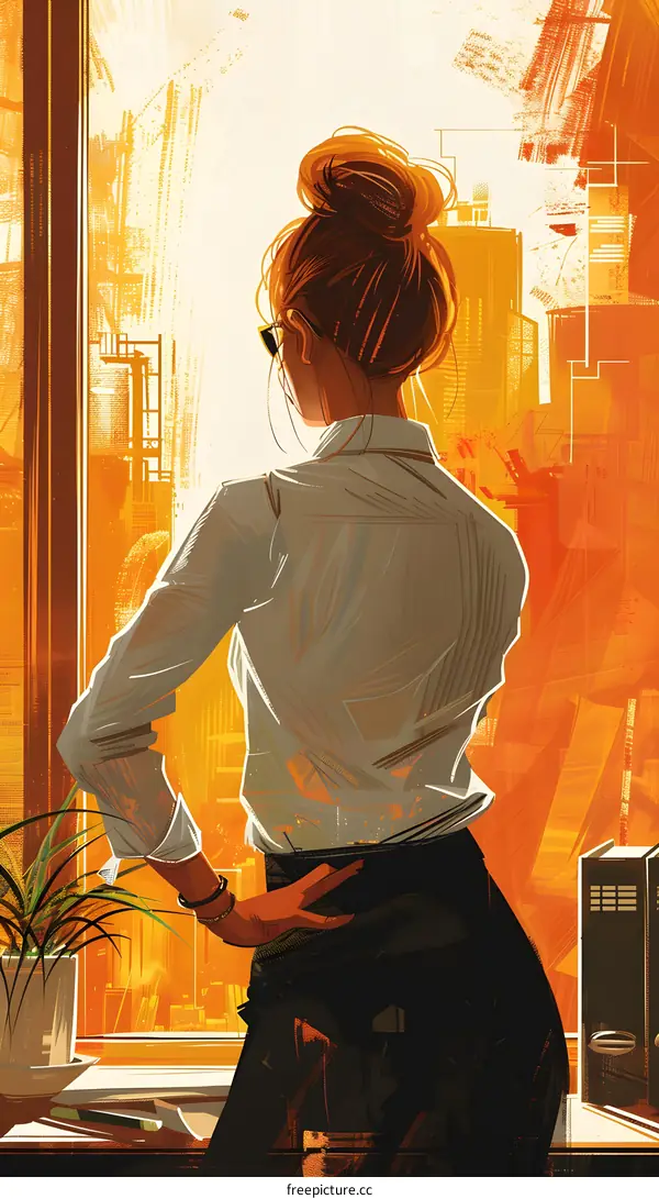 Woman Looking Out Window at Cityscape