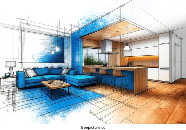 Interior Design Sketch of Modern Living Room and Kitchen