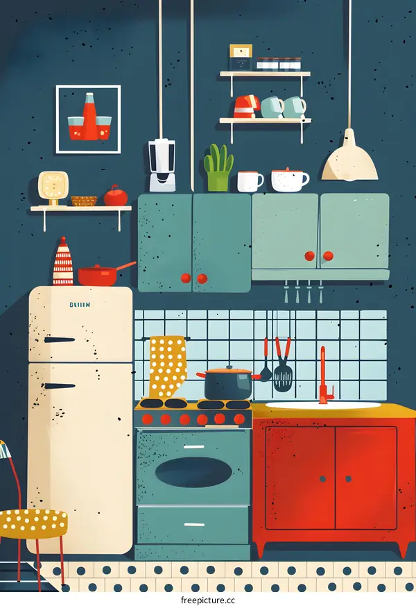 Retro Kitchen Illustration With Stove, Sink, Cabinets and Appliances