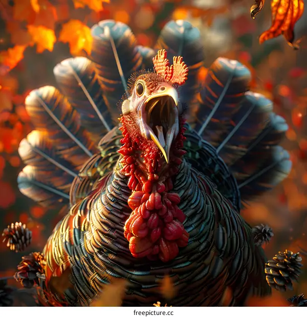 A close-up of a turkey with its beak open and feathers spread