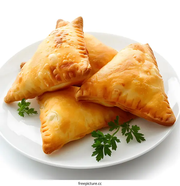 Four baked triangular shaped meat pastries on a white plate with parsley garnish