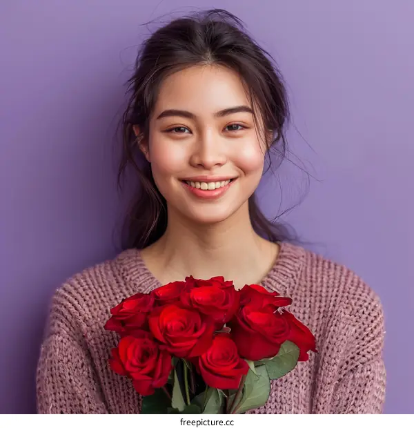 Asian woman holding a bouquet of red roses