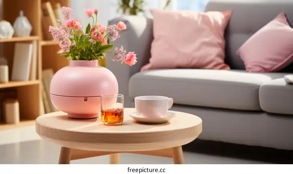 Elegant pink home interior with flowers and tea