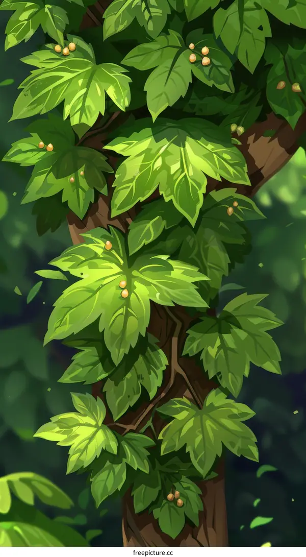 Green leaves and vines climbing up a tree trunk