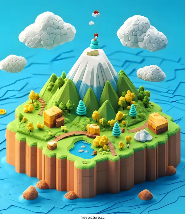 Low Poly Mountain Illustration with a Small Village