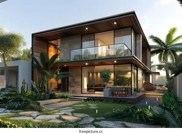 Modern luxury house exterior design with pool and garden