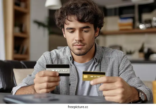 Young Man Examining Credit Cards in a Home Setting