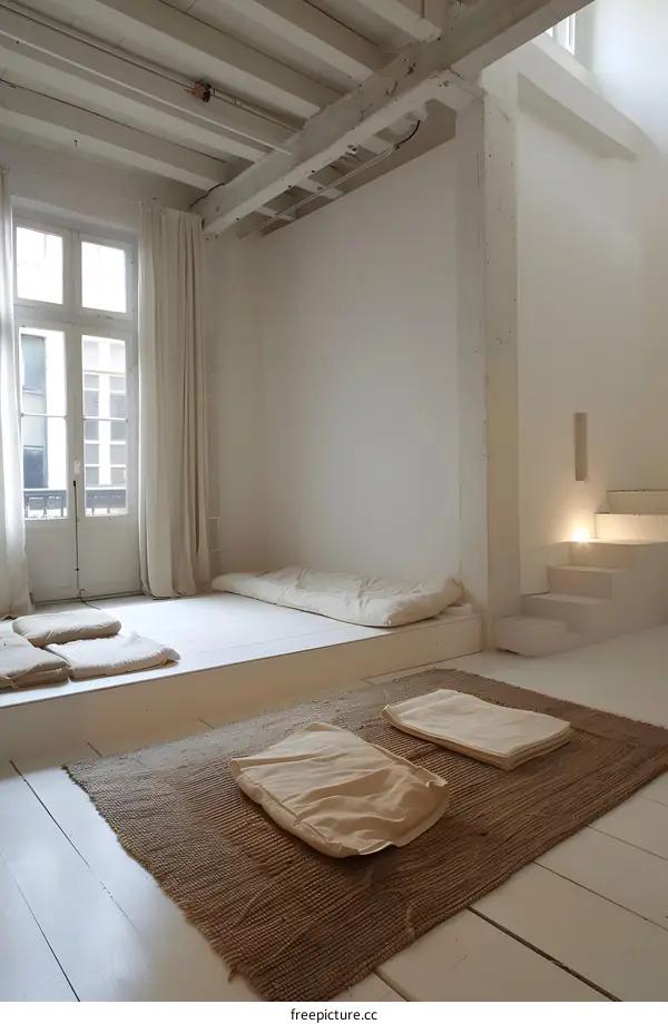 White Minimalist Room with Wooden Beams and Natural Light