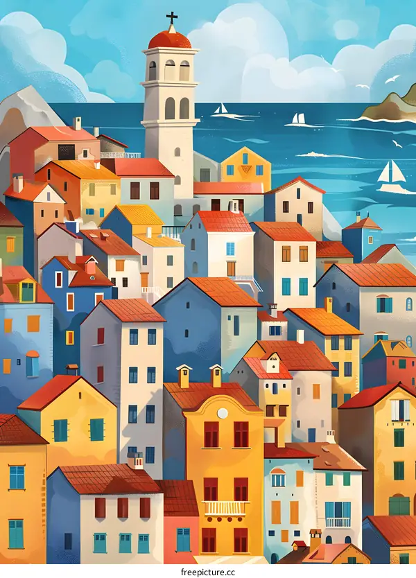 Colorful Illustration of a Seaside Village with Houses and a Church