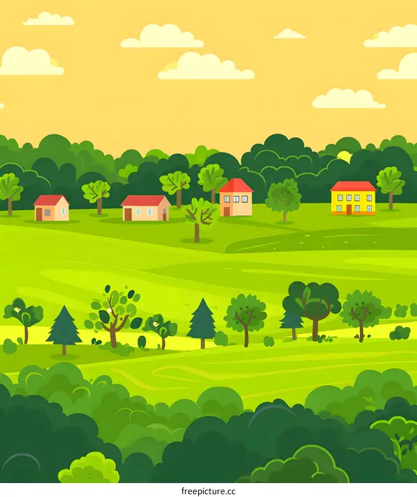 Green Hills and Houses Illustration