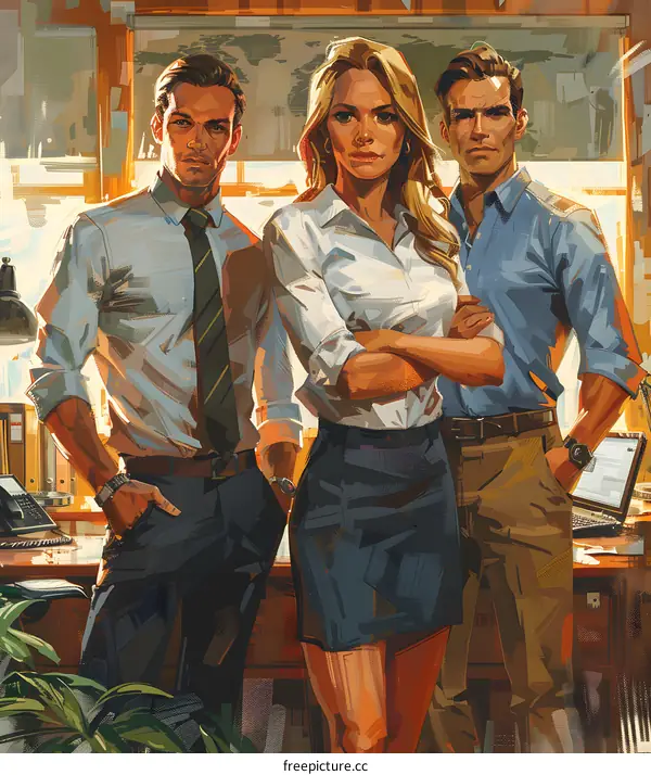 Three people in suits in an office