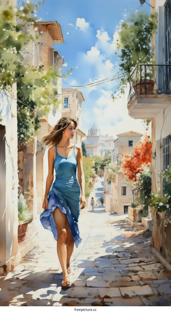Elegant Woman in Blue Dress Walking Down Narrow Street
