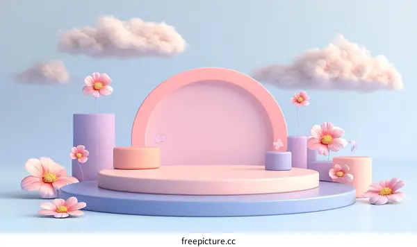 Pastel Pink and Purple 3D Display Stage with Flowers and Clouds