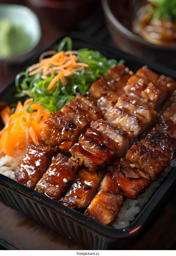 A delicious and healthy meal of pork belly with rice and vegetables