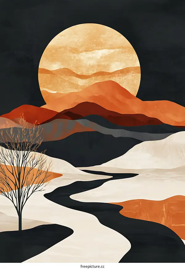 Abstract Mountain Landscape with River and Moon