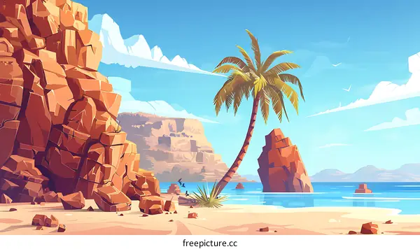 Palm Tree on Sandy Beach with Mountain View