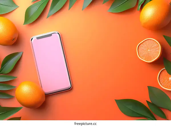 Orange and Green Leaves with a Phone Mockup