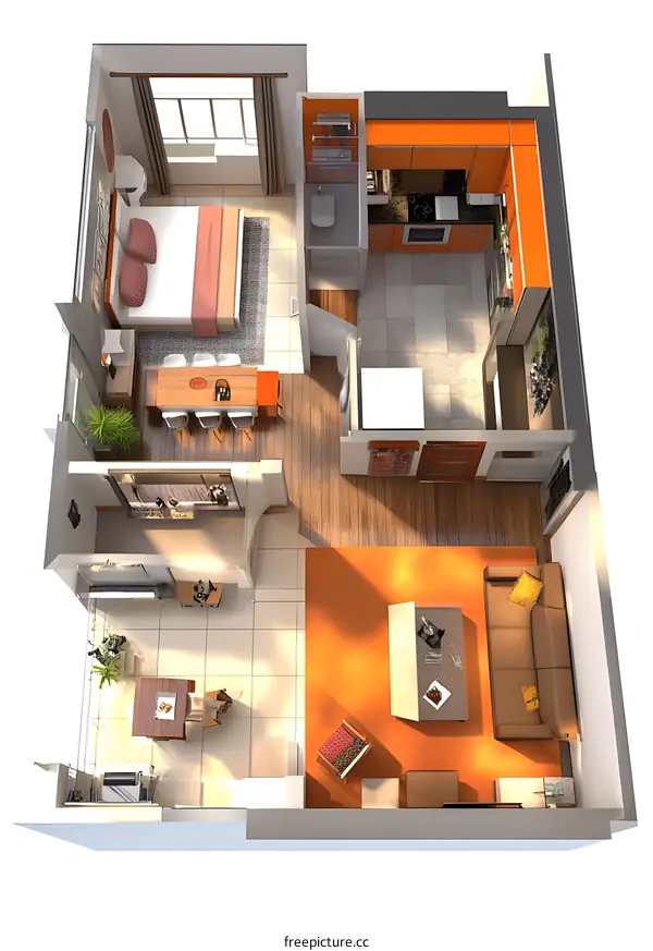 Modern Apartment Floor Plan Design With Orange And Brown Colors