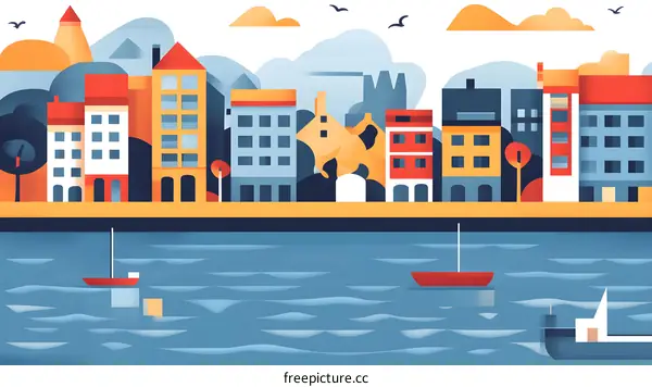 Colorful Cityscape with Buildings and Boats