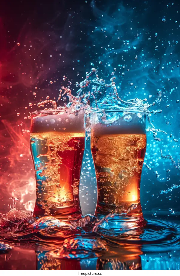 Two glasses of beer with red and blue background