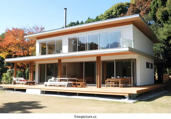 Modern Two Story House With Large Windows And Wooden Deck