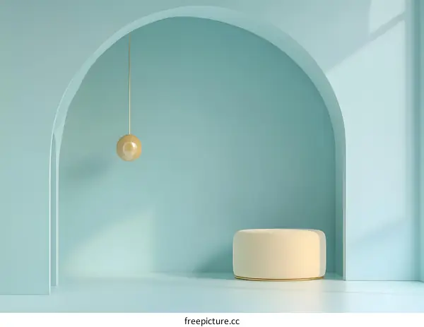 Minimalist 3D Render of a Blue Room with Archway and Gold Orb