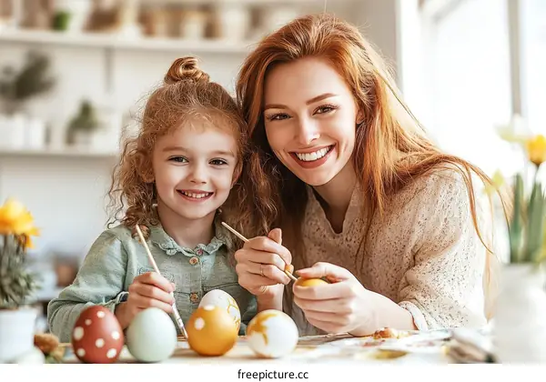 Mother and daughter painting Easter eggs