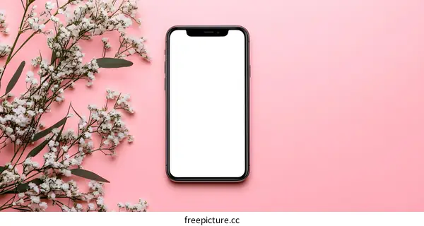 White Flowers and Smartphone on Pink Background