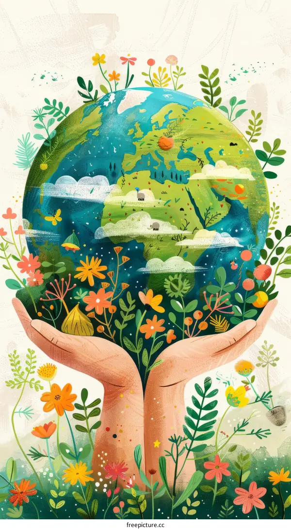 A Pair of Hands Holding the Earth with Plants Growing Around It