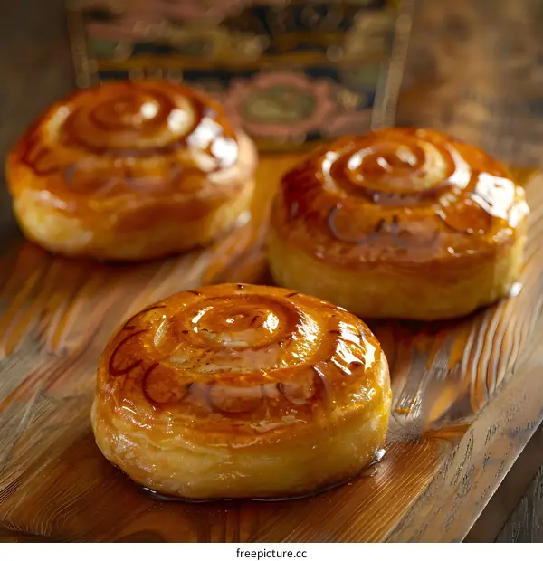 Closeup of Three Sweet Bread Rolls with a Shiny Glaze on a Wooden Cutting Board