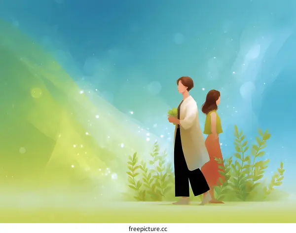 Two Women Walking in a Beautiful Natural Landscape Illustration