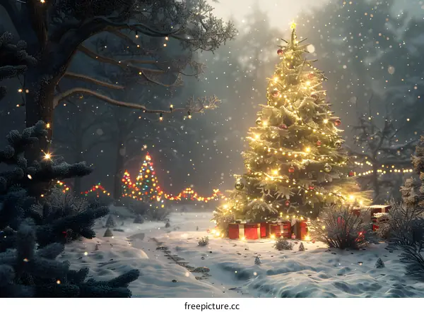 Christmas tree in a snowy forest