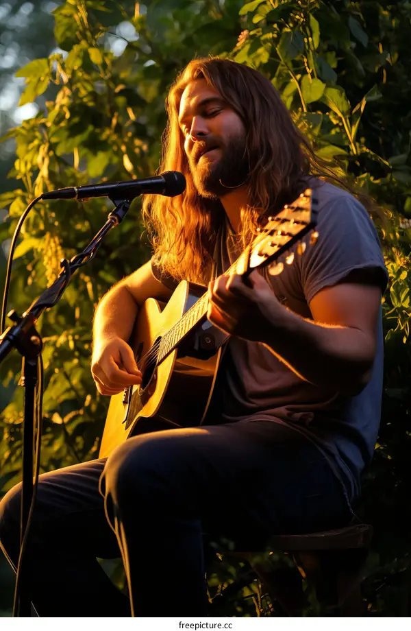 Long-haired male musician playing guitar and singing into microphone outdoors